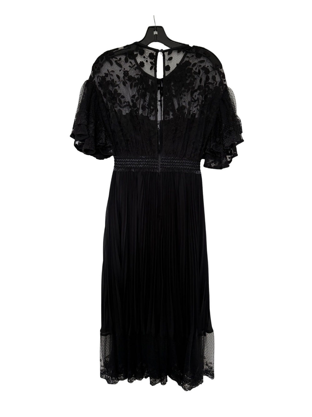 Three Floor Black Lace Midi Dress with Ruffle Sleeves